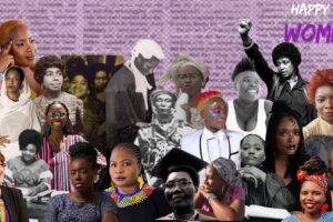 A collage of various women on a purple background.
